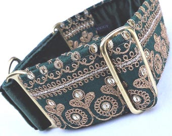 Indian Sari Martingale Dog Collar: Emerald Silk Sighthound Collar, Whippet, Saluki, Galgo