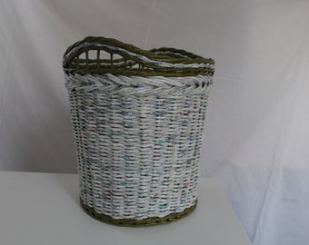 Waste paper basket made of newspaper, large, vintage, green