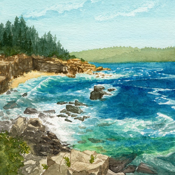 Acadia National Park Landscape Watercolor Painting Art Print