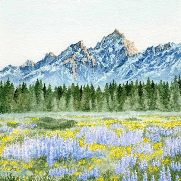 Grand Tetons National Park Landscape Watercolor Painting Art Print