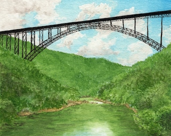May include: Watercolour painting of a bridge over a river. The black metal bridge arches across the top, with green hills and a river below. The sky is blue with white clouds.