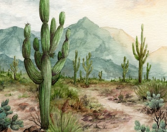 May include: Watercolor painting of a desert landscape featuring green cacti, brown earth, and distant mountains. The artwork has a soft, natural color palette with shades of green, brown, and blue, evoking a sense of the American Southwest.