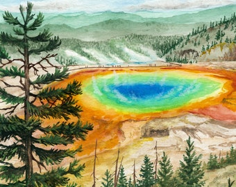 Yellowstone National Park Landscape Watercolor Painting Art Print