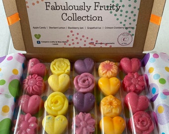 Fabulously Fruity soy wax melt selection box. Lemon Sherbert, Blackberry Jam, Apple Candy, Cranberry Sparkler and Grapefruit lux