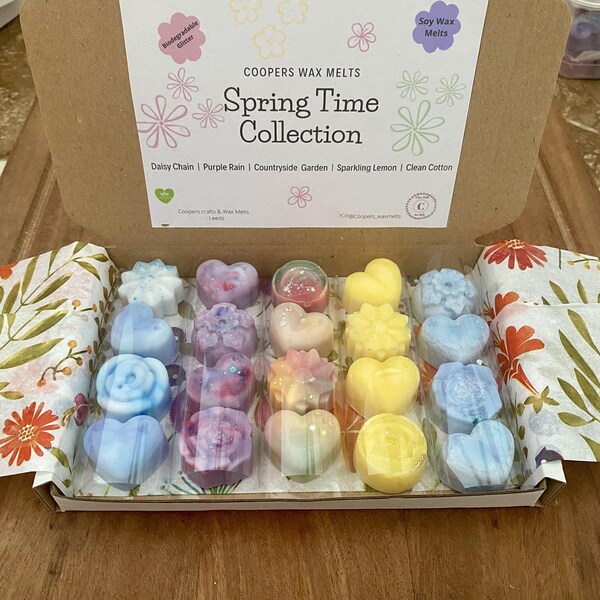 Spring Time Soy Wax Melt Selection mixed box, Daisy Chain, Purple Rain, Sparkling Lemon, Countryside Garden, Clean Cotton