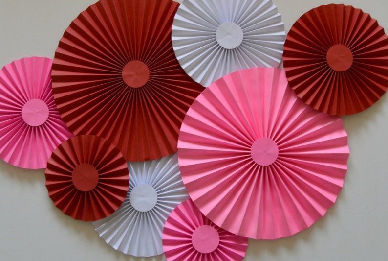 Red White and Pink Rosettes Photo Backdrop Pinwheels Paper Fans Party Decorations Cake Backdrop