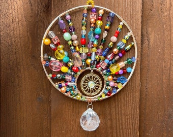 Sunburst crystal suncatcher, beaded sun catcher, mothers day gift, kitchen window decor, boho bohemian decor, sun rays