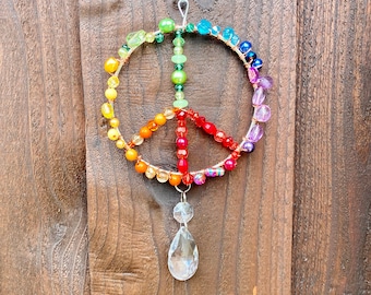 Peace sign sun catcher, boho hippie decor, gift for her, crystal rainbow suncatcher