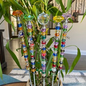 May include: Six colorful beaded plant stakes with crystal tops. The stakes are inserted into a potted plant with green leaves. The crystals are in various shapes and colors, including orange, green, clear, yellow, and purple.