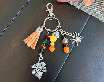 May include: A keychain with a peach-colored tassel, silver charms, and orange, yellow, green, and black beads. The charms include a spider, a leaf, and a pumpkin.