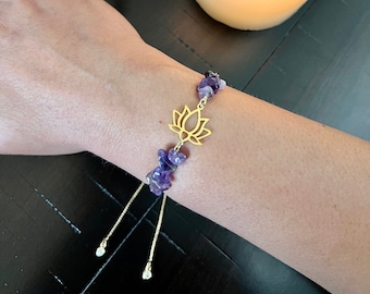 Lotus bracelet, yoga lotus jewelry, spiritual meditation, lotus flower bangle, natural amethyst gemstone, 18k gold plated bracelet, calmness