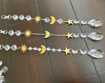 celestial crystal sun catcher, sun moon star decor, galaxy sun catcher, crescent moon phase decor