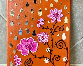 Arte floral texturizado, pintura floral, flores de lienzo texturizado, regalo de naturaleza para mamá, regalo del Día de la Madre, arte floral, decoración artística de espejo de pared