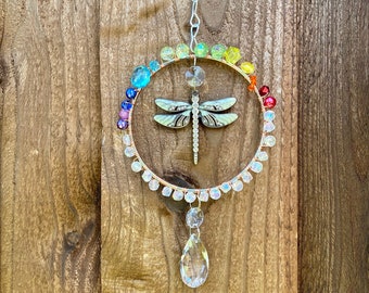 dragonfly sun catcher, gift for her, crystal hanging suncatcher, window decor