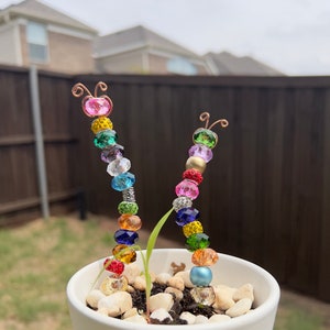 6inch beaded stake, caterpillar garden plant stake, flower stake, caterpillar ornament, jeweled fairy garden, garden bling for pots