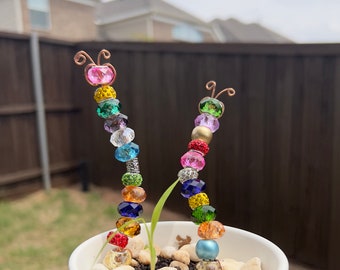 6inch beaded stake, caterpillar garden plant stake, flower stake, caterpillar ornament, jeweled fairy garden, garden bling for pots