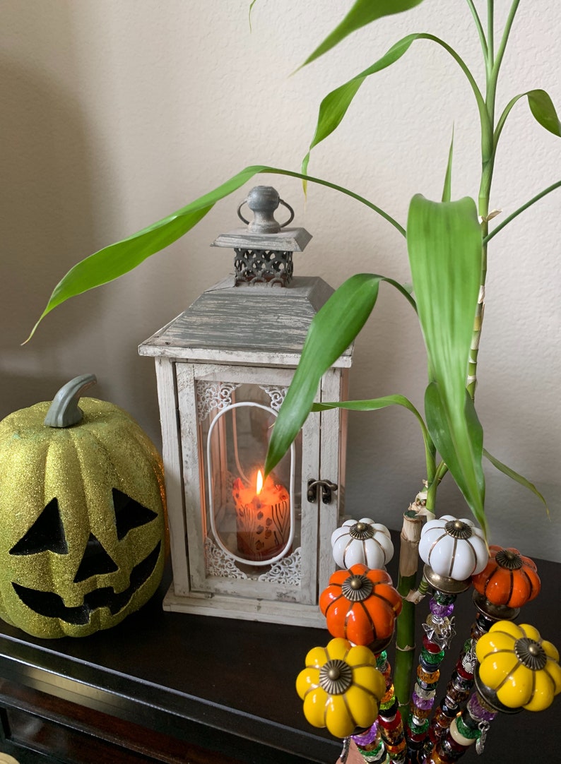May include: A white lantern with a lit candle inside, a green pumpkin with a jack-o'-lantern face, and a bamboo plant with colorful pumpkin-shaped knobs.