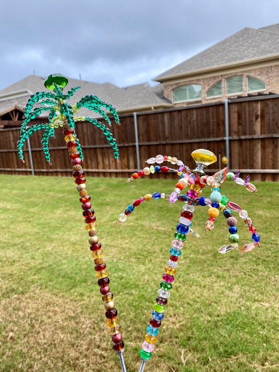 Palm tree beaded garden stake, garden sparkler, glass sun catcher, coastal decor