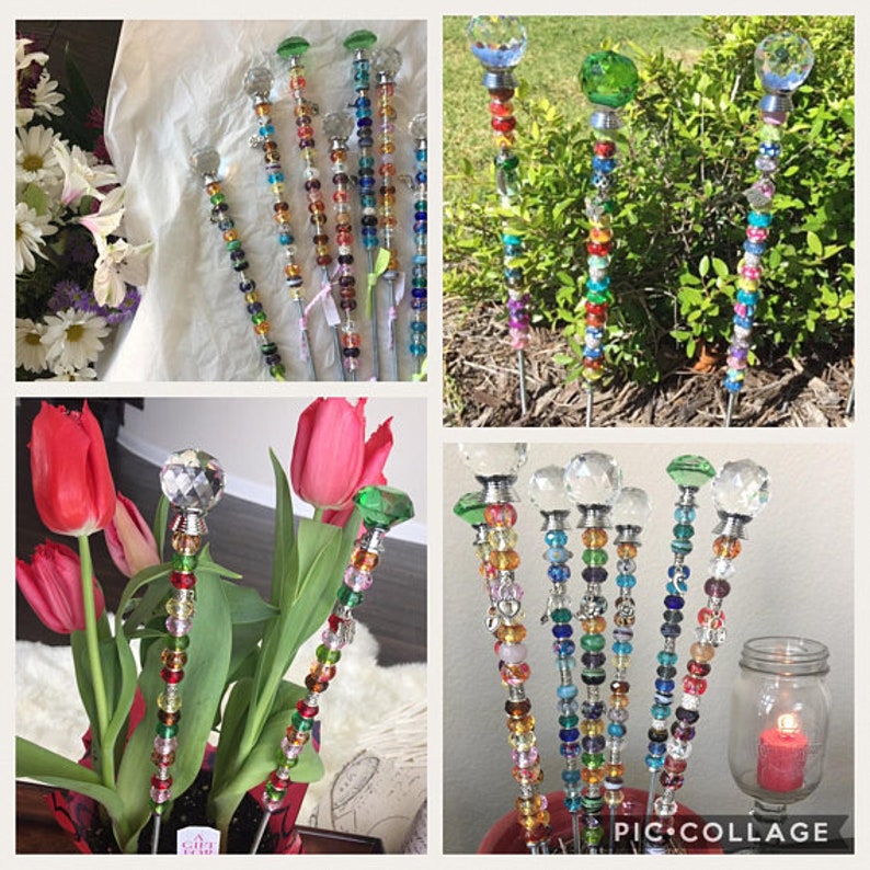 May include: Colorful beaded garden stakes with crystal tops. The stakes are made with various colored beads and have a crystal top. The stakes are shown in a variety of settings, including a flower garden and a table top.