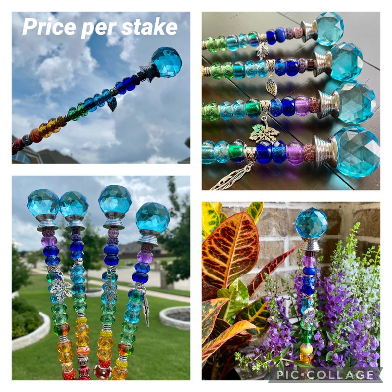 May include: Four colorful garden stakes with rainbow beads and a crystal top. The stakes are made of metal and have a silver finish. The crystal tops are faceted and have a blue hue. The beads are in a rainbow pattern, with red, orange, yellow, green, blue, indigo, and violet beads. The stakes are shown in a collage with different backgrounds, including a blue sky, a green lawn, and a flower pot.