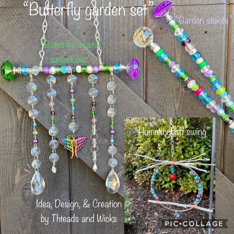May include: A set of three colorful crystal suncatchers and a hummingbird swing made with beads, crystals, and branches. The suncatchers are labeled "Butterfly crystal suncatcher" and "Garden stakes". The hummingbird swing is labeled "Hummingbird swing". The set is labeled "Butterfly garden set".