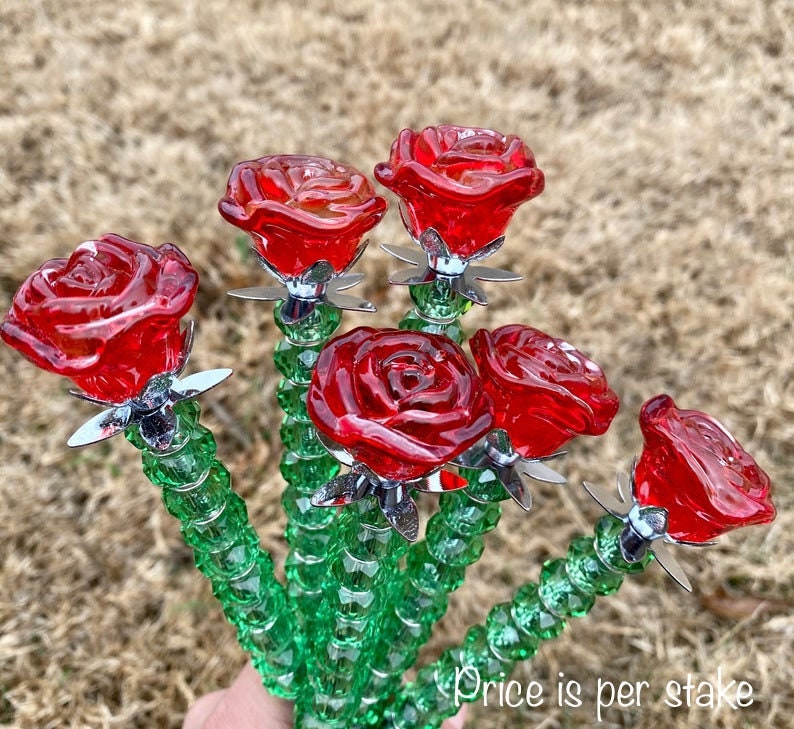 7 red rose stakes for garden plant stakes gift for Etsy