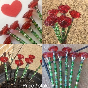 garden decor gift for mom, mothers day gift, beaded garden stakes, glass suncatchers Red Rose stake 14”