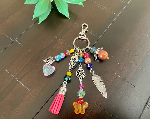 Spring purse charm, beaded key fob, summer keychain, bag charm pull, spring keyring, angel keychain