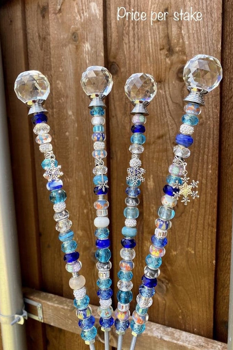 garden decor gift for mom, mothers day gift, beaded garden stakes, glass suncatchers Blue/White Xmas