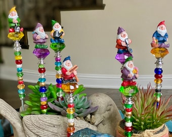 8” gnome garden stakes, glass sun catchers, gnome fairy garden, beaded plant stakes