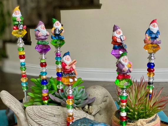 8” gnome garden stakes, glass sun catchers, gnome fairy garden, beaded plant stakes