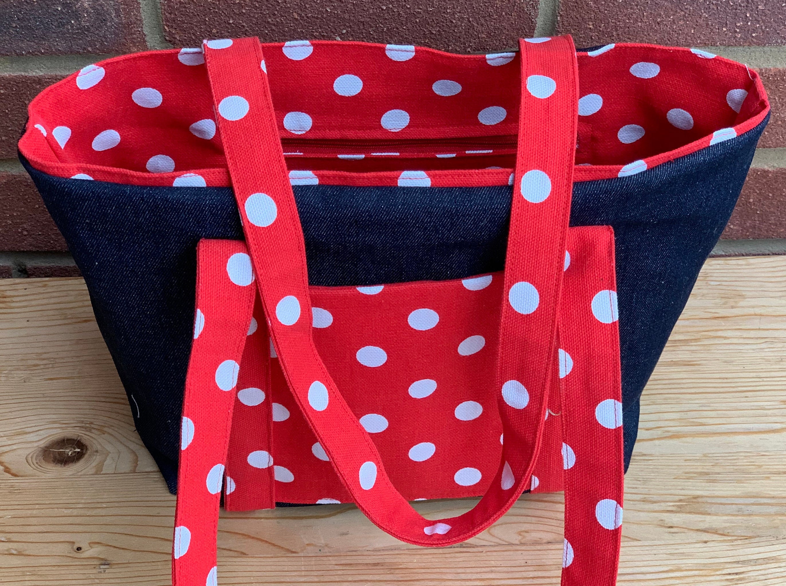 Everyday quality denim tote bag. Handmade with bright red and | Etsy