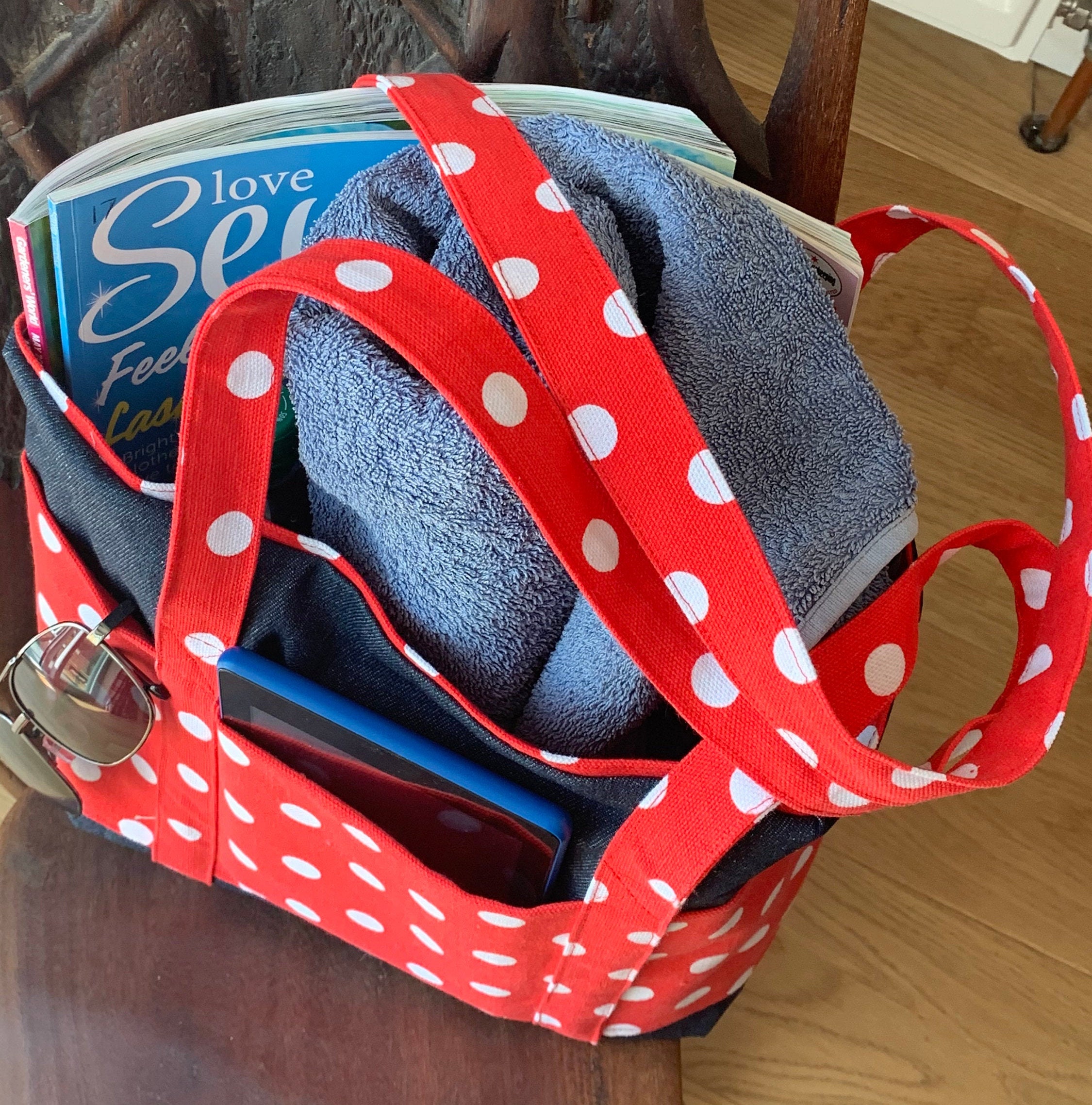 Everyday quality denim tote bag. Handmade with bright red and | Etsy