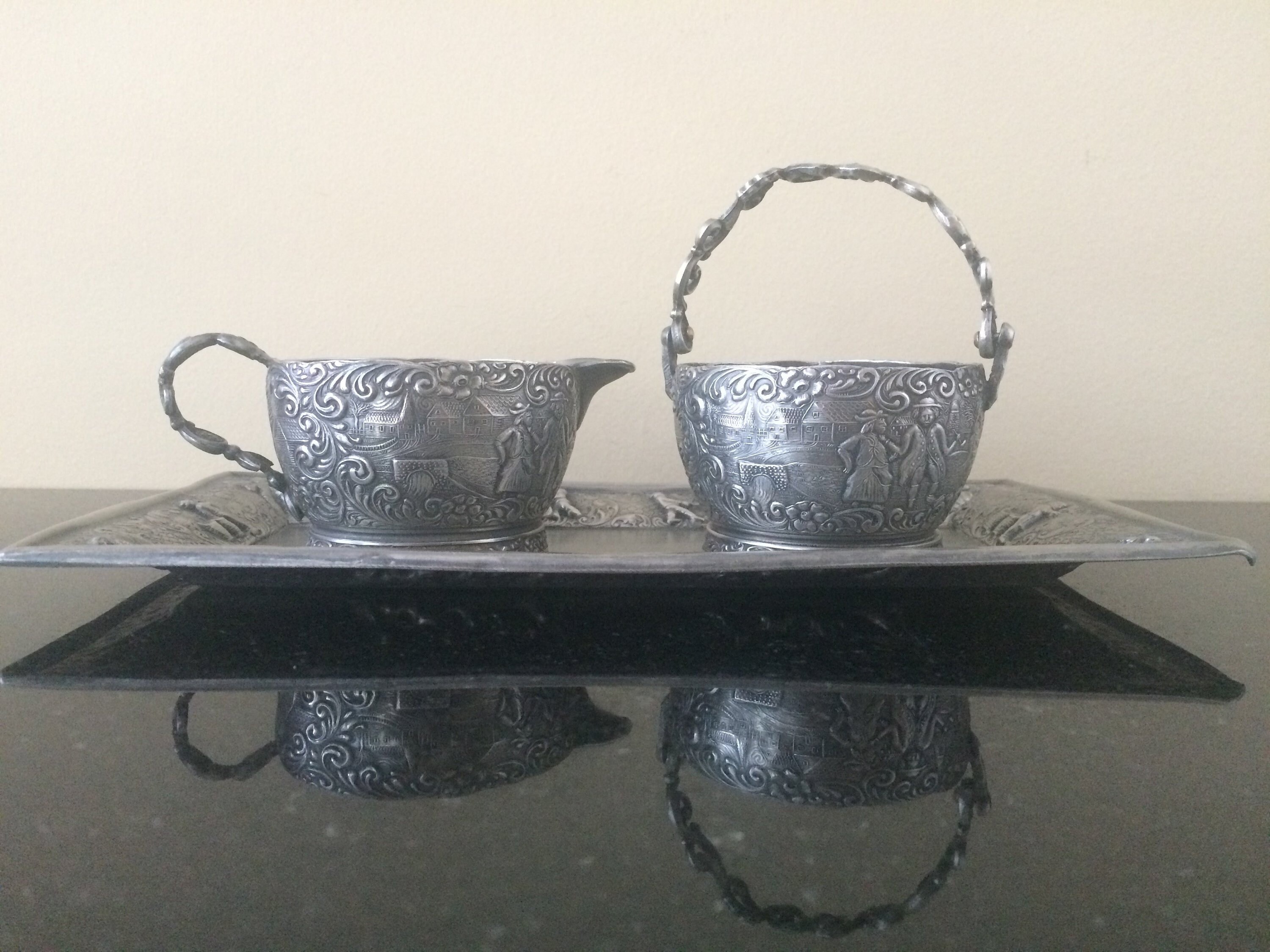 Vintage Pewter Creamer & Sugar Bowl Set on Matching Tray 3 - Etsy.de