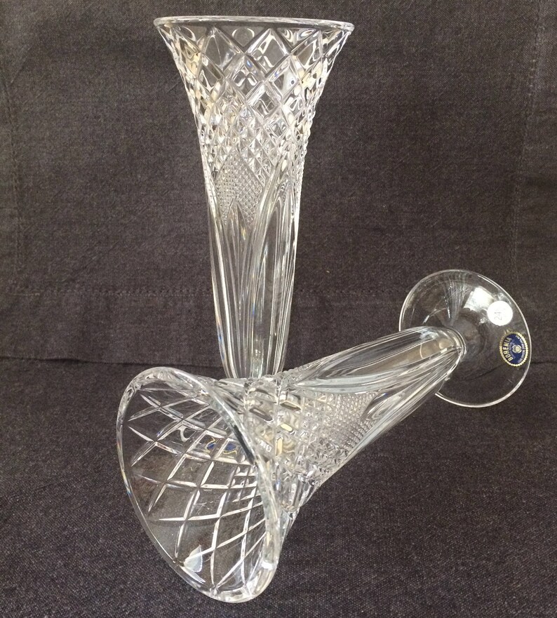 Pair Lead Crystal Cut Glass Vases, 24 Pb0, Made in Bohemia Czech