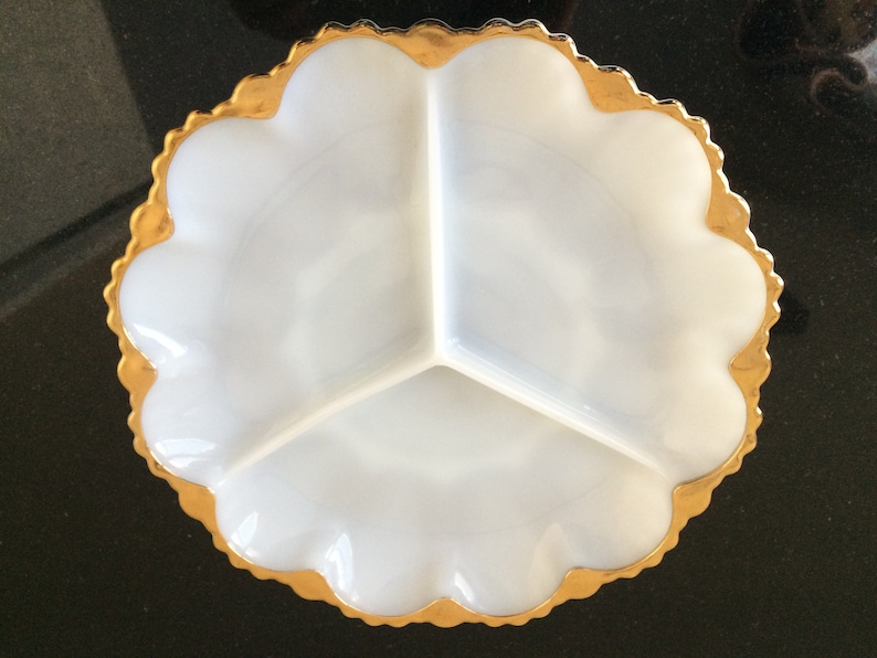 Retro Anchor Hocking Vintage 3 Part Relish Dish Made in USA Circa 1960s Divided Milk Glass Dish w Gold Rim 10 Milk Glass Plate PL3667