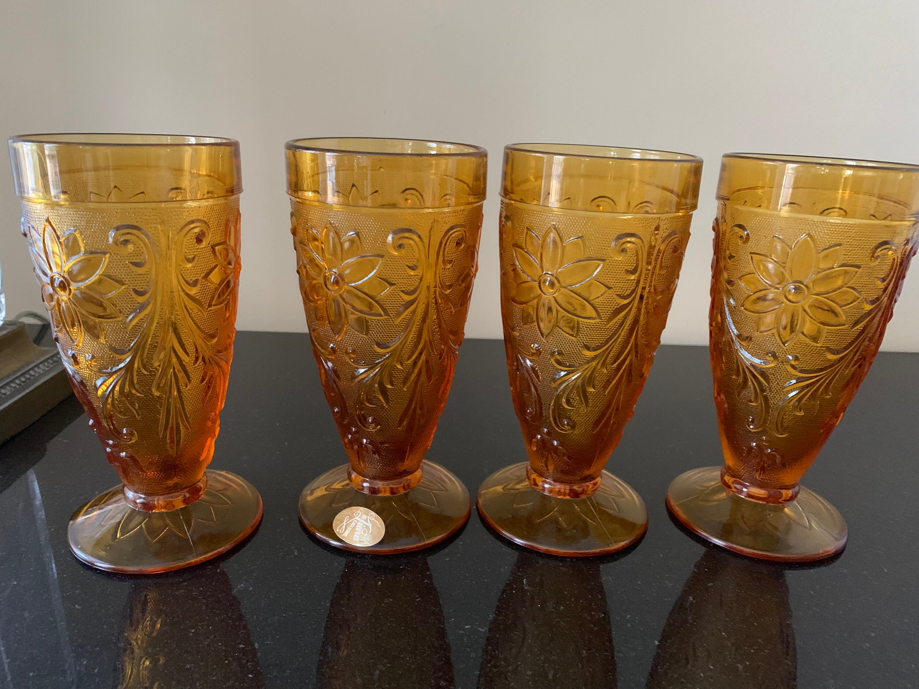 4 Tiara Golden Amber Sandwich Glassware Gold Tea or Water Etsy