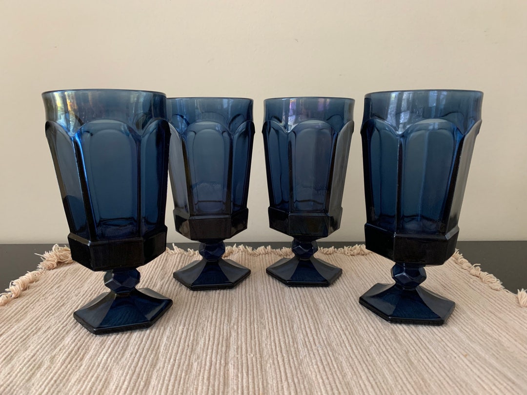 4 Fostoria Dark Blue Virginia Iced Tea Glasses, Dark Blue Stemmed Water