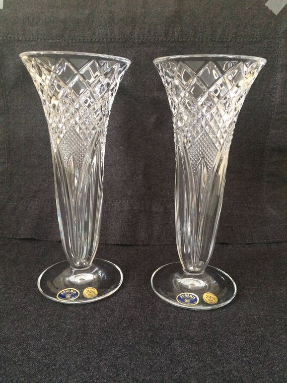 Pair Lead Crystal Cut Glass Vases 24 Pb0 Made In Bohemia Etsy