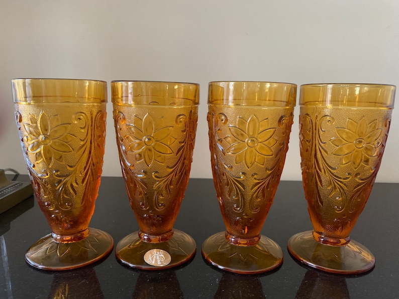 4 Tiara Golden Amber Sandwich Glassware Gold Tea or Water Etsy