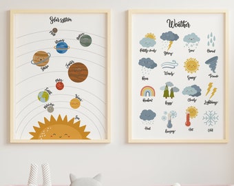 Set Of 2 Solar System and Weather Educational Print Set - nursery prints - nursery decor - wall art - kids prints - learning poster