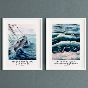 Set Of 2 I Will Be With You Print Set - Isaiah 43 v 2 - Psalm 89 v 9 - Faith Prints - Christian Print - Bible Verse Wall Art