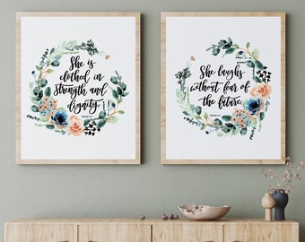 Set of 2 She Is Clothed In Strength Prints - Proverbs 31:25 - wall art - christian prints - christian gifts - home decor - gift for her