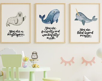Set of 3 Ocean Friends Nursery Print Set - Bible Verse Nursery Prints - new baby - christian gifts - nursery decor