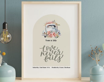 Personalised Wedding Print - Love Never Fails - Wedding Car -Wedding Gift - Anniversary Gift - Personalised Gift - Choose Design