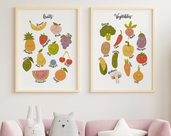 Set Of 2 Fruit and Vegetable Educational Print Set - nursery prints - nursery decor - wall art - kids prints - learning poster