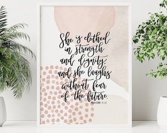 She Is Clothed In Strength And Dignity Neutrals Print - christian prints - bible verse art - christian gifts - baptism gift - wall art