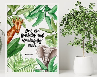 You Are Fearfully And Wonderfully Made Print - Psalm 139:14 - Safari Nursery Print - Wall Art - Kids Prints - New Baby - Christian Gifts