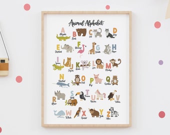 Animal Alphabet Print - Nursery Wall Art - Preschool Poster - Kids Prints - Personalised Gift - Learning Prints - Toddler Poster