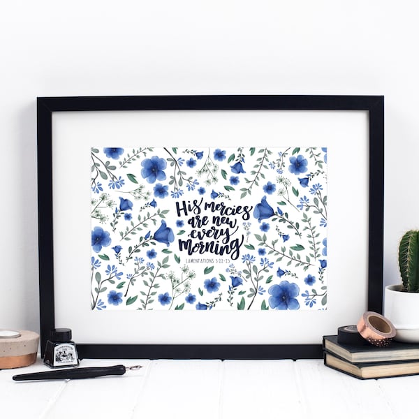 Blue Floral Christian Wall Art, His Mercies Are New Every Morning Print, Botanical Scripture